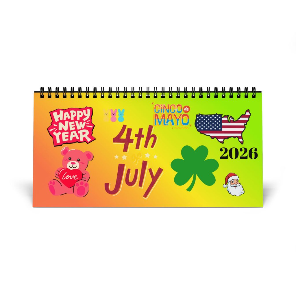 2026 Holiday Desktop Calendar — Spiral-Bound Grid Planner with Monthly Celebrations (4th of July, Labor Day, Cinco de Mayo)