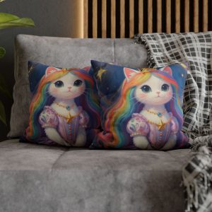 Princess Rainbow Cat Pillowcase – Cute Rainbow Kitty Decorative Throw Pillow